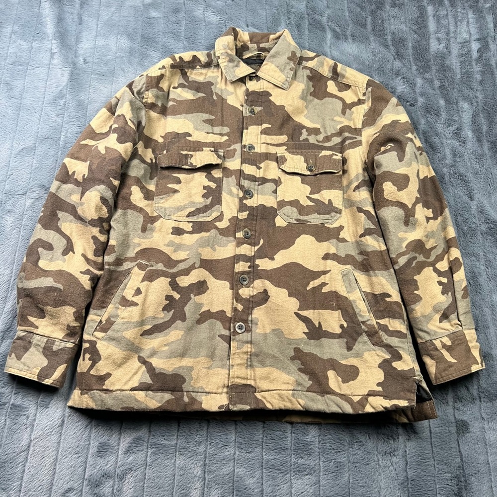 Basic Editions Mens Camo Flannel Shirt Jacket Quilted Lined Brown Green Small